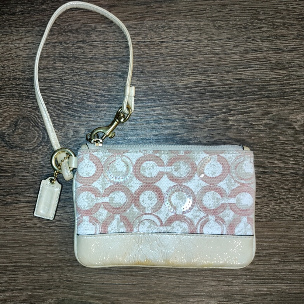 Vintage Coach Wristlet Wallet Pink And White Signature Canvas Sequins